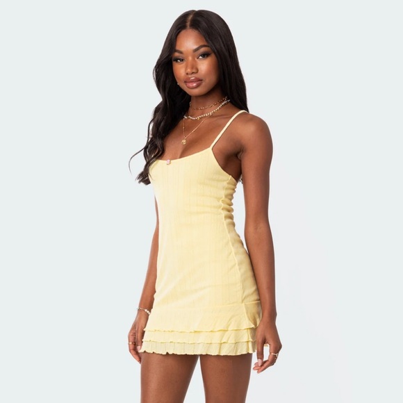 Edikted Yellow Ribbed Ruched Mini Dress - Picture 2 of 6